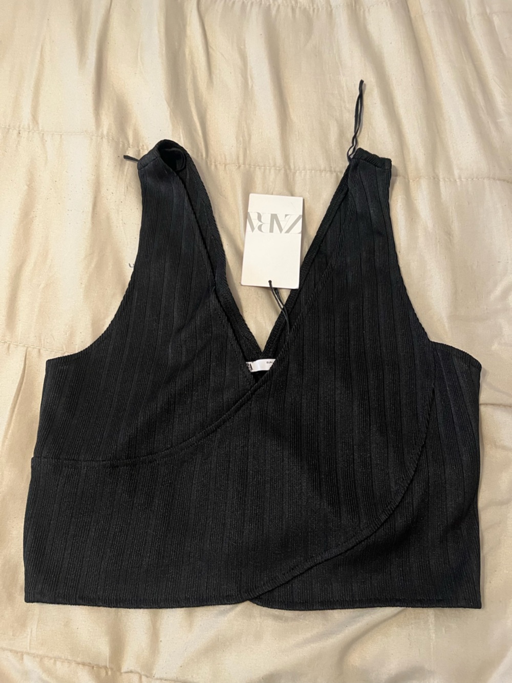 Zara Black Ribbed V-Neck Knit Top